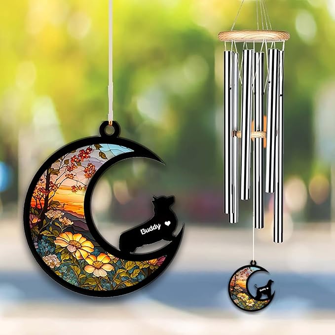 Corgi Sun Catcher Wind Chime, Custom Sunflower Suncatcher Dog Memorial Wind Chime, Dog Loss Gift, Dog Sympathy Gift, Pet Loss Suncatcher, Outdoor Garden Decor