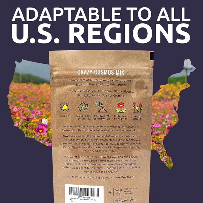 Sweet Yards Cosmos Seeds Wildflower Mixture - Bulk Quarter Pound Bag Over 20,000 Seeds - Pink, Yellow, Orange, Red, Purple and White Mixed Species - 7 Varieties Premium Quality for Planting Outdoors