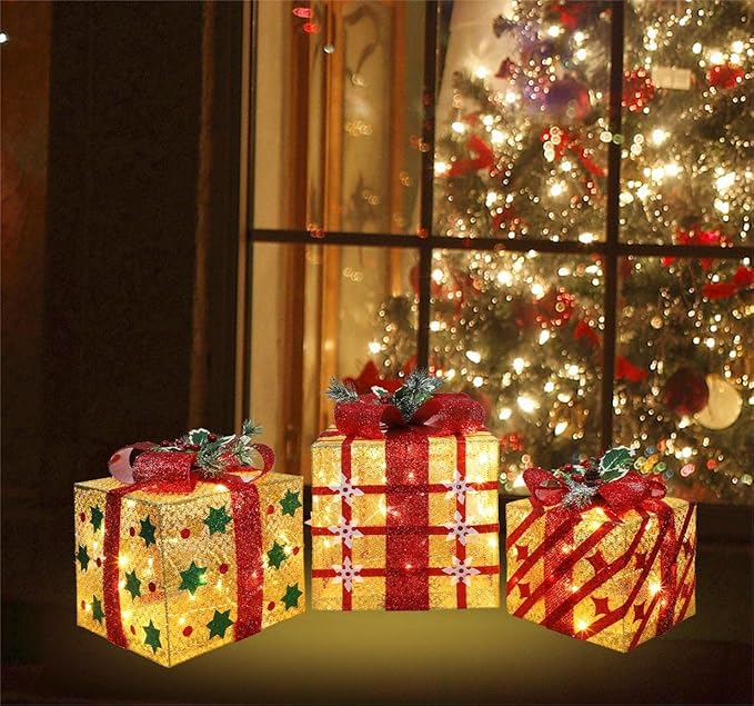 [Ultra-Large 15"x13"x10.5" Christmas Set of 3 Lighted Gift Boxes Decorations Pre-lit 91 Super-Bright LED with Flashers,for Indoor Outdoor Pathway Holiday Party Home(Warm White)