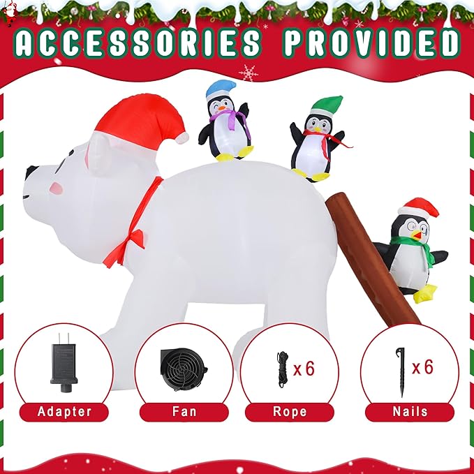 8FT Long Christmas Inflatables Decorations, Outdoor Penguins & Polar Bear Giant Blow Up with Built-in LED Lights for Yard Garden Lawn Holiday Decor
