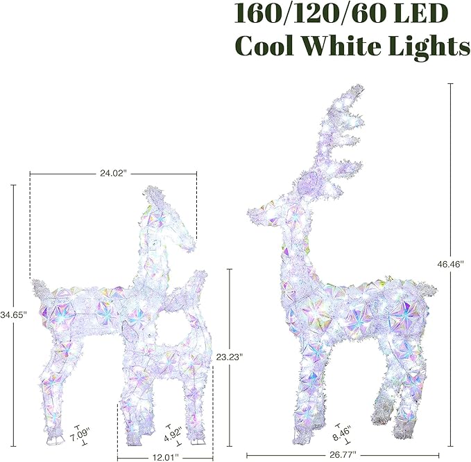 LuxenHome 3PCs Reindeer Christmas Decoration, Laser Tinsel & Holographic Reindeer Family with 340 LED Lights Front Porch Christmas Decorations Outdoor & Indoor Use, Lawn, Porch, Holiday Yard Display