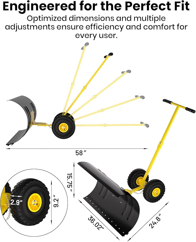 Snow Pusher with Wheels for Driveway, 36" Wide Heavy Duty Steel Blade, 5-Position Angle Adjustment & 60° Tilt Handle, Ergonomic Push Snow Shovel with Ground Protection for Effortless Snow Removal