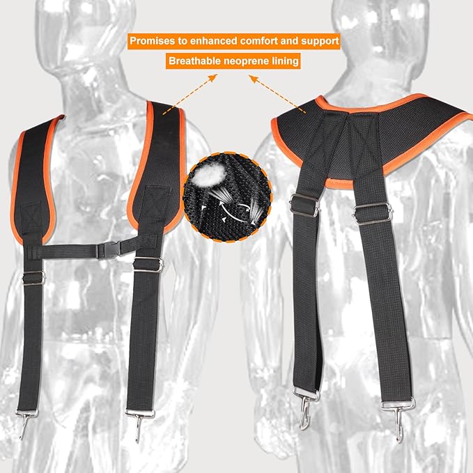 Tool Belt with Suspenders, Professional Tool Belt for Men, 18-Pocket Adjustable Heavy Duty Tool Organizer for Electrician, Carpenter, Framer, Construction Worker, Black & Orange (32''–66'')