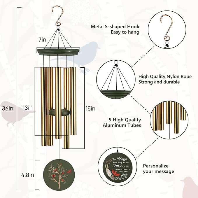 ASTARIN Personalized Large Deep Tone Cardinal Wind Chimes, Customized Memorial Gifts for Loss of Lover/Sister/Friend, Sympathy Gift Wind Chime for Condolences Remembrance(Produced in USA)