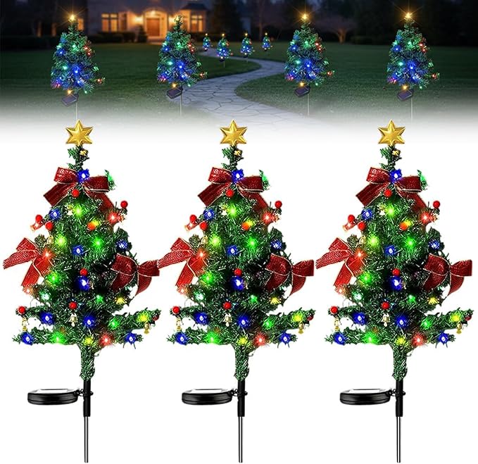Solar Christmas Trees for Outside, Waterproof Solar Powered Christmas Tree Garden Stake Lights for Outdoor Pathway, Yard & Patio Holiday Decorations (3PC)