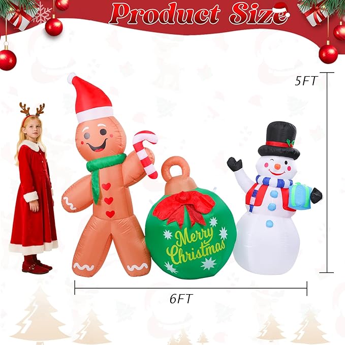 5 FT Christmas Inflatable Outdoor Decorations, Inflatable Snowman and Gingerbread Man with Christmas Ball Built-in LED Lights Blow Up Yard Decorations for Holiday Indoor Outdoor Party Garden Lawn