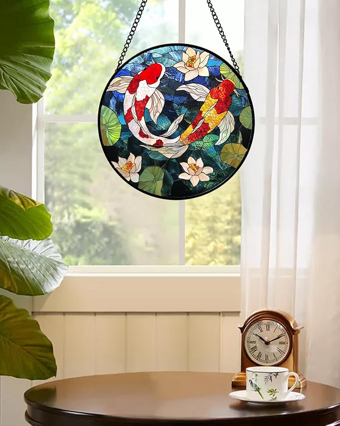 Stained Glass Window Hanging, Koi and Lotus Sun Catcher for Door Home Decor Fish Suncatcher Christmas Mother's Day Birthday Gifts for Women Men Mom and Nana 11.8 in