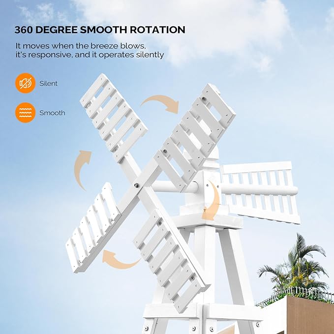 Wooden Windmill, Weather-Proof Wind Spinner, Outdoor Wind Mill for Garden Lawn Patio Decoration (White, Medium)
