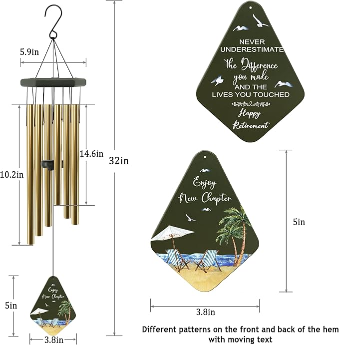 Retirement Gift for Woman Men, 32" Wind Chimes for Retirement, Happy Retirement Gifts for Coworker Colleague Boss Teachers Nurses Friends, Going Away Gifts Retirement Decorations,Green