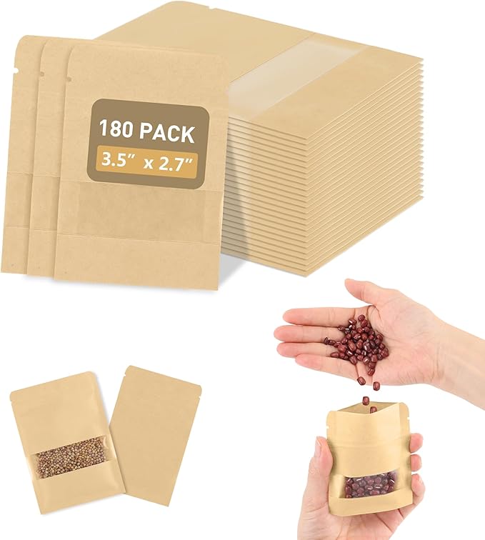 180 Pack Small Seed Envelopes Resealable with Clear Window – 2.8 x 3.5", Gardening Seeds Packet Storage Bags for Seeds Saving, DIY gifts, Jewelry, Snack, Tea Samples