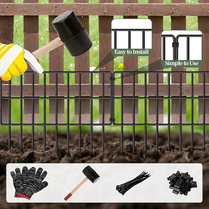 30 Panels Garden Animal Barrier Fence, 32.5ft(L) x 12in(H) No Dig Decorative Fence, 1.2in Spike Spacing Rustproof Metal Garden Fence Border for Dogs Rabbits, Bottom Blocker for Outdoor Yard