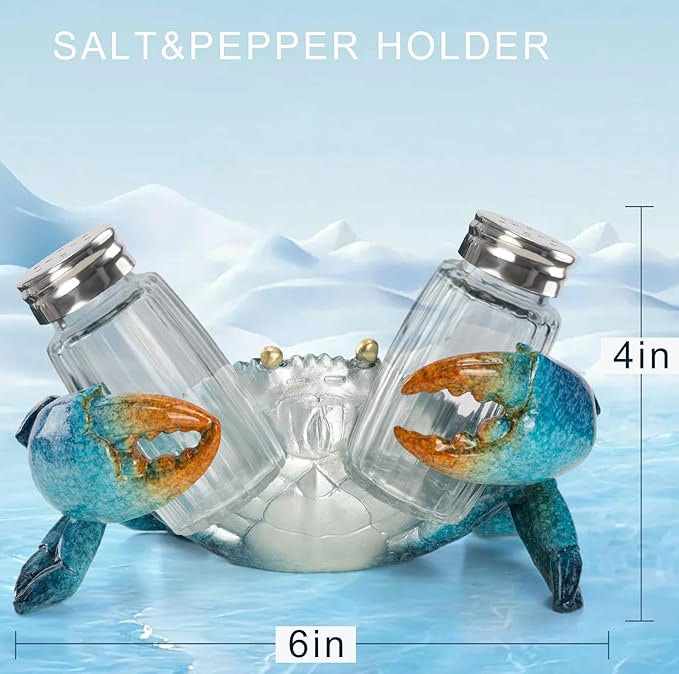 Decorative Blue Crab Salt and Pepper Shaker Holder, Coastal Kitchen Decor (Crab)
