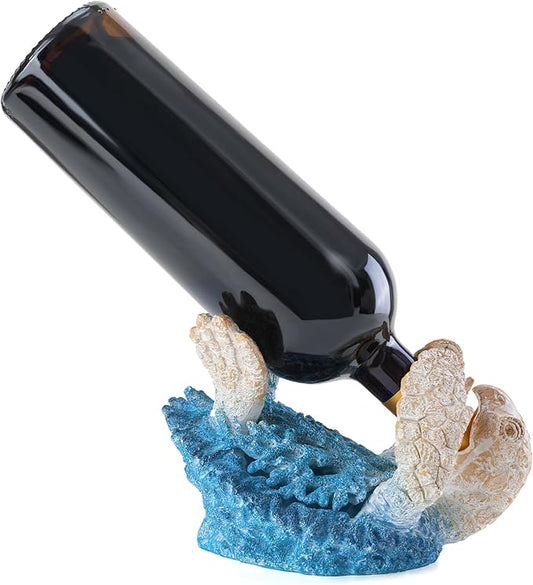 VVGIFTS Sea Turtle Decorative, Figurine Sea Turtle Wine Bottle Holder, Coral Reef Design Coastal Beach Decor, Resin Statue for Home Desk Tabletop, Ornament Gift Decorations (Aqua Blue)