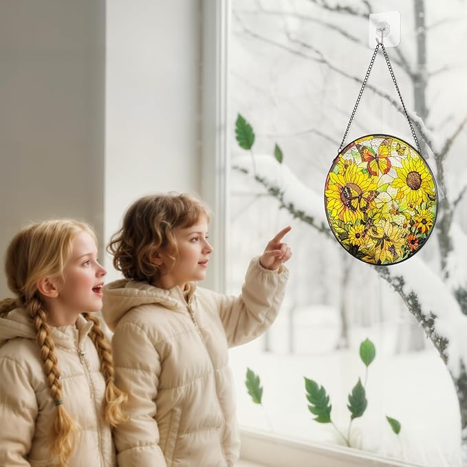 Suncatcher Stained Glass Window Hanging - Sunflower Glass Panel with Metal Chain and Hooks Handmade Sun Catcher Decoration for Window Garden Home Christmas & Birthday Gifts (8 Inch)