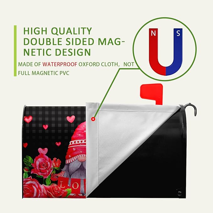 Valentine's Day Gnomes Mailbox Cover - Love Hearts Magnetic Mailbox Covers Red Rose Buffalo Plaid Humor Letter Post Box Wrap Standard Size 18" X 21"