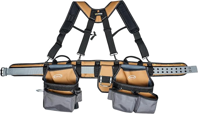 MELOTOUGH 28-Pocket Pro Framer's rig Combo Apron Tool Belt and Heavy Duty Padded Suspenders with Magnetic Desinger for Technician/Carpenter/and Electrician's Tools (Khaki)