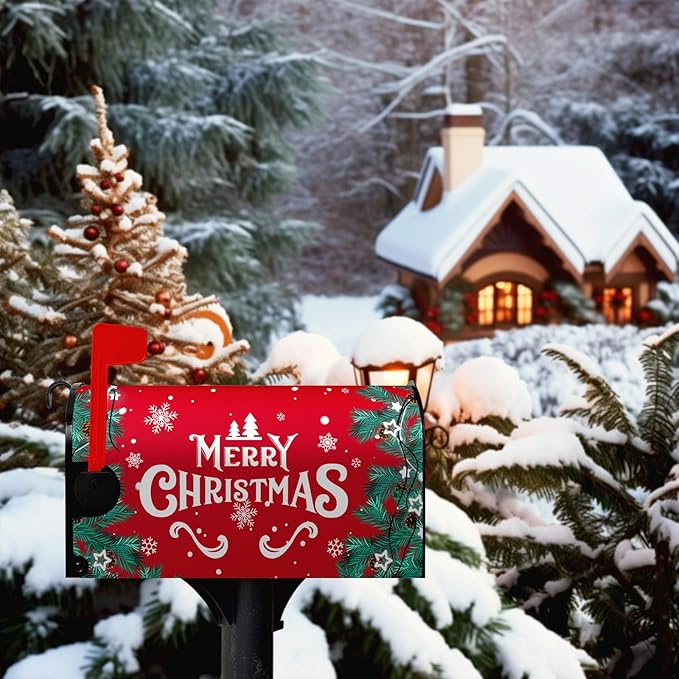 Merry Christmas Mailbox Cover Xmas Trees Magnetic Mailbox Covers Poinsettia Winter Snowflake Letter Post Box Cover Standard Size 21 * 18 Inch Christmas Yard Home New Year Holiday Decorative