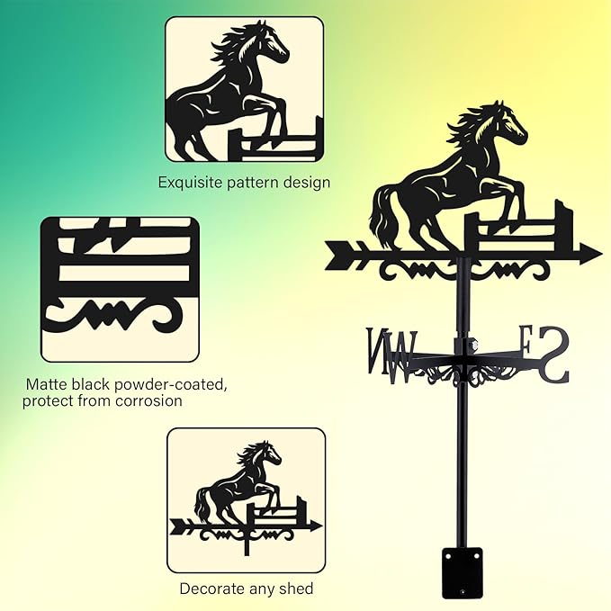 Horse Weathervane Roof 26” Height Black Metal Running Horse Windvane Durable Cool Animals Weathercock Windmill Wind Cups & Brackets for Outdoor Farmhouse Decoration Garden Yard Decors