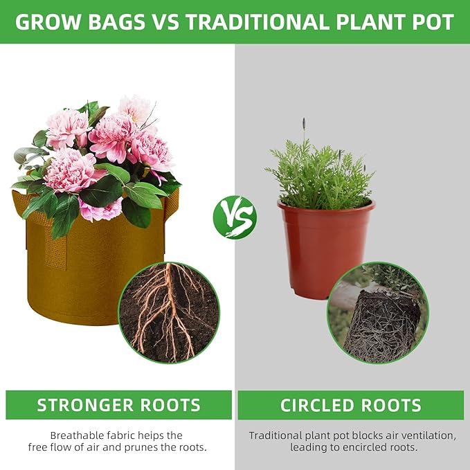 5-Pack 10 Gallon Grow Bags Heavy Duty Thickened Nonwoven Fabric Pots with Handles, Plant Grow Bags for Vegetables/Flower/Plant/Fruits, Brown