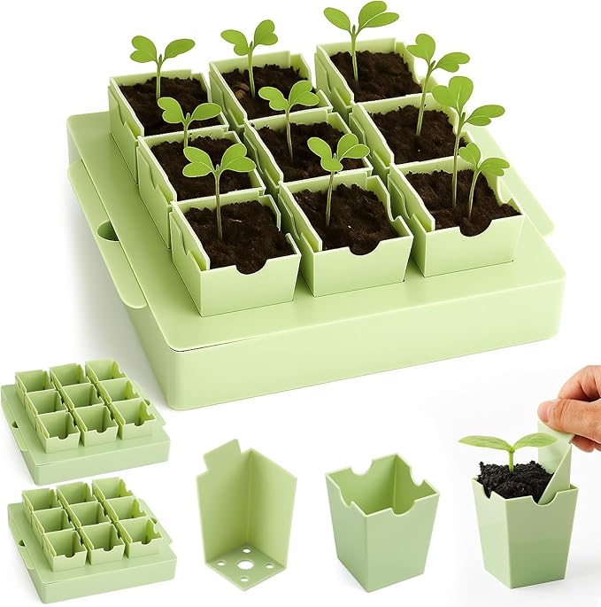 2 Set Seed Starting Tray, Portable Labeled Handle for Transplanting, 18 Deep 2.36" Cells, Each Cell Operated Independently, Reusable Seed Tray with Drainage Hole, Indoor, Outdoor