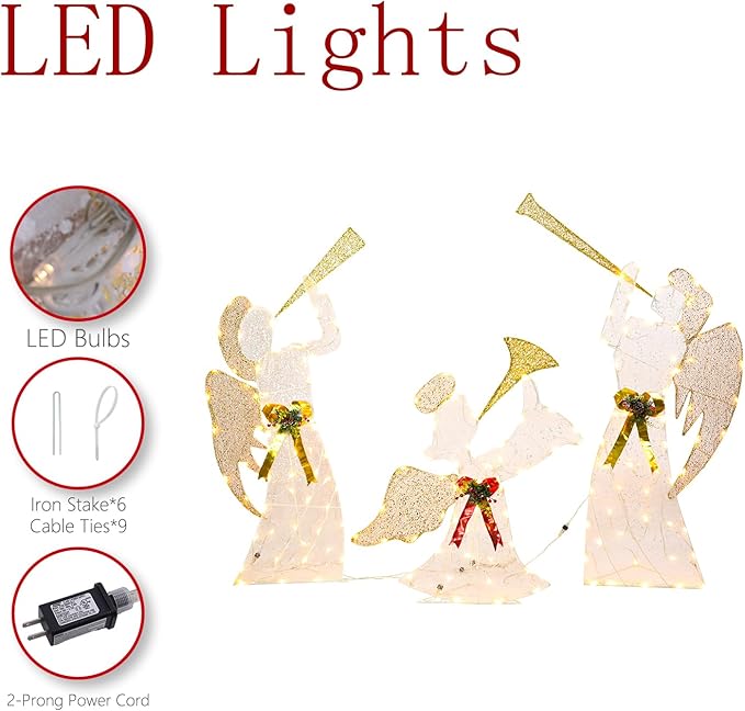 Taman Lighted Christmas Angel, Glittered 3 Angels Blowing The Trumpet Lighted LED Warm Lights for Outdoor Christmas Holiday Home Lawn Yard Garden Decoration