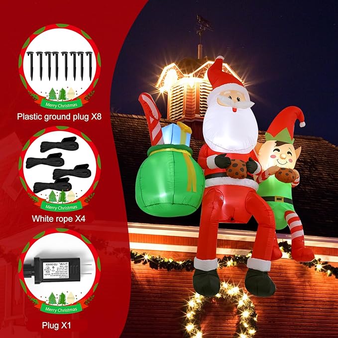8FT Santa Claus Sitting on The Roof Christmas Inflatable Decoration with LED Lights, Suitable for Holiday Celebration Decorations in Courtyards, Lawns, Terraces, etc.