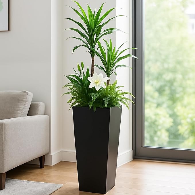 Kozyard 30" Hx15.4 Lx15.4 W Tall Taper Black Metal Planter Flower Plant Pot Indoor Outdoor Planters Steel Flower Pot All-Weather Use with 2 Partition Panels for for Trees, Plants Flowers