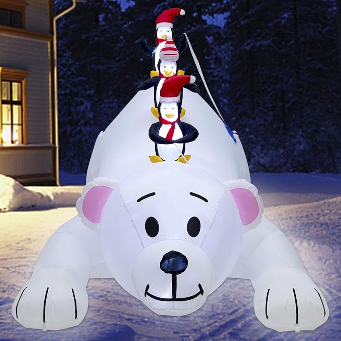 Juegoal Christmas 7.7(L) x 6 FT(H) Inflatables Lighted Polar Bear with Three Penguins, Blow Up White Bear Happy Fishing Penguin, Indoor Outdoor Xmas Winter Decor Lawn Yard Garden Decorations