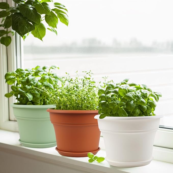 8 Inch Plastic-Flower Pot-for-Indoor Plants, 4 Pack Large Outdoor Planter Pot with Drainage Holes & Saucers, Resin Decorative Garden Pots Planters