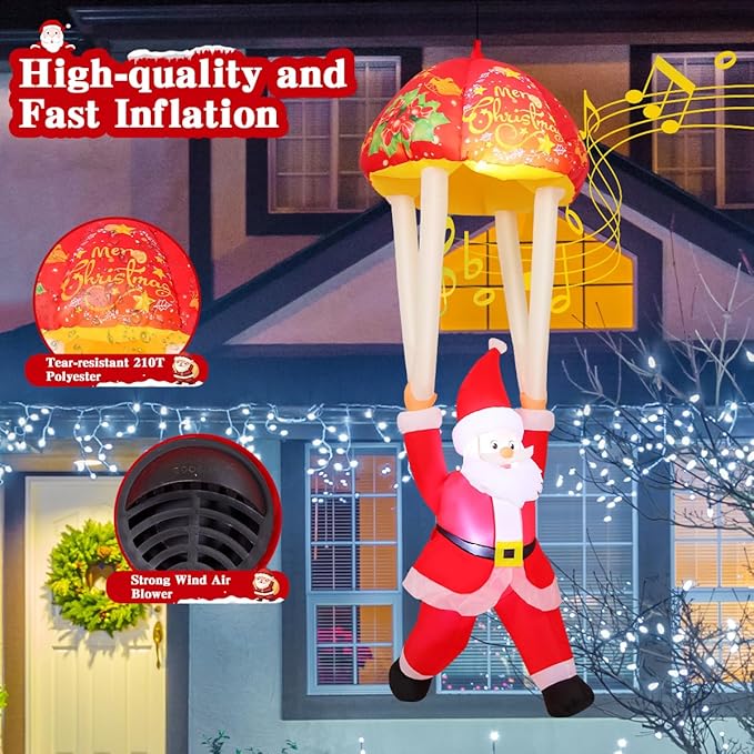 GOOSH 8.2 FT Hanging Musical Christmas Santa Inflatables Decorations, Outdoor Parachute Santa Claus Blow Up Yard with Built-in LEDs for Indoor Party Yard Garden Lawn Decor