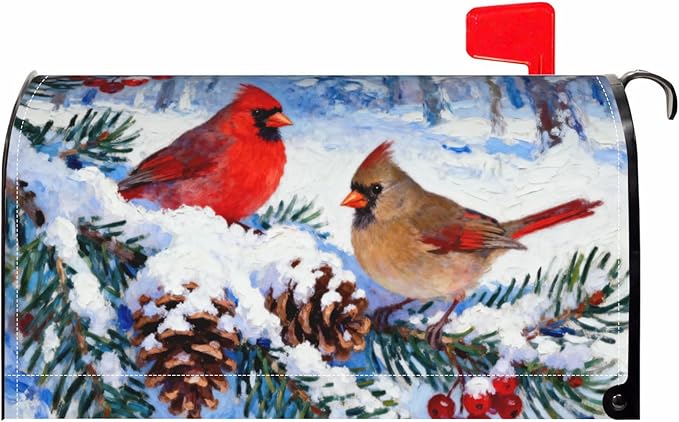 Winter Cardinal Mailbox Covers Magnetic Standard Size Christmas Snow Scene Pinecone Holly Twig Bird Holiday Outdoor Decorative Seasonal Letter Box Cases for Home Garden Outside Decor, 21x18 Inch