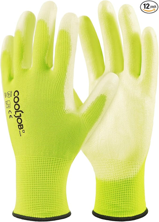 COOLJOB 12/60 Pairs Safety Work Gloves Pack Bulk with Grip PU Coating, 13 Gauge Seamless Knit Gloves with Polyurethane Dipped for Warehouse Working, Breathable Lightweight for Men Women, Yellow Large
