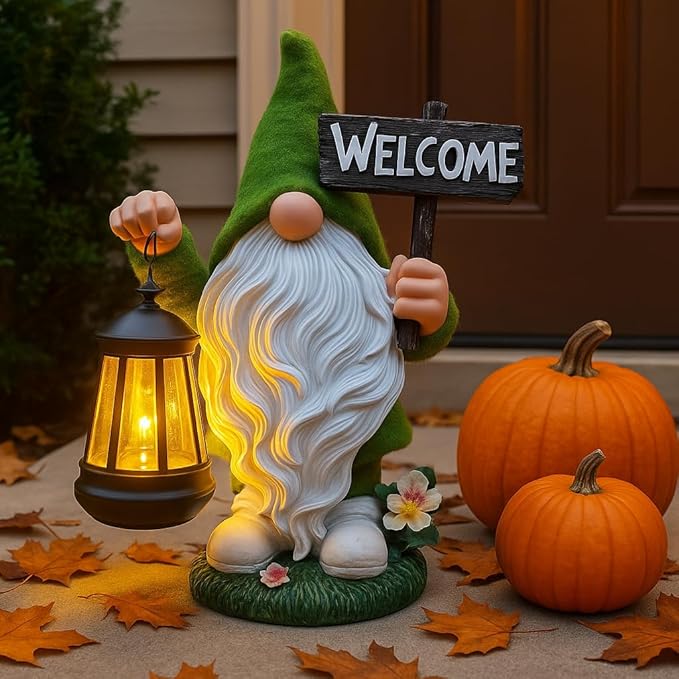 Halloween Fall Welcome Gnomes Statue Gift for Front Door Welcome Figures Solar Decor- Fall Gnomes Statue with Light Lanterna for Outdoor Yard