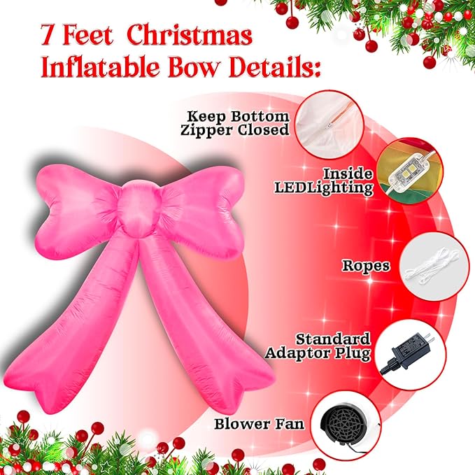 Christmas Inflatables Bow Lighted Yard Lawn Inflatable Decoration with Built-in Fan and Stakes Ropes Holiday Party Decor, Christmas Decor (7FT-Pink Bow)