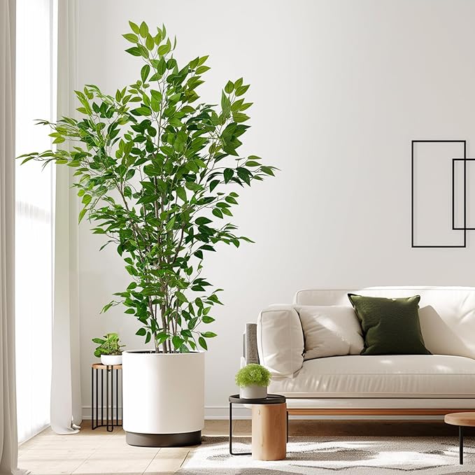 Artificial Ficus Tree with Green Leaves, 6ft Tall, Indoor Plant with Decorative Beige Planter