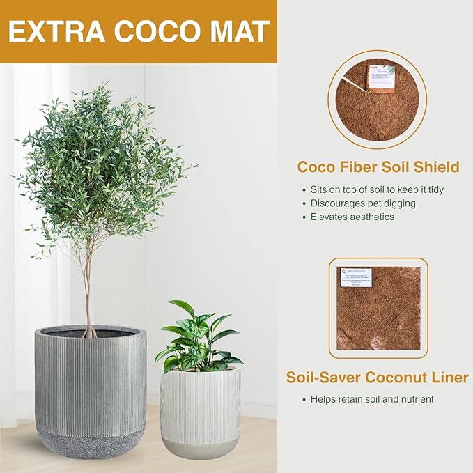14.2" H x 13" D Ribbed Radius Fiberstone Round Planter - Christmas Tree Planter, Weather Resistant for Indoor and Outdoor Use, Included 2 Extra Coco Mats (Charcoal, 11.5" Pot Opening)