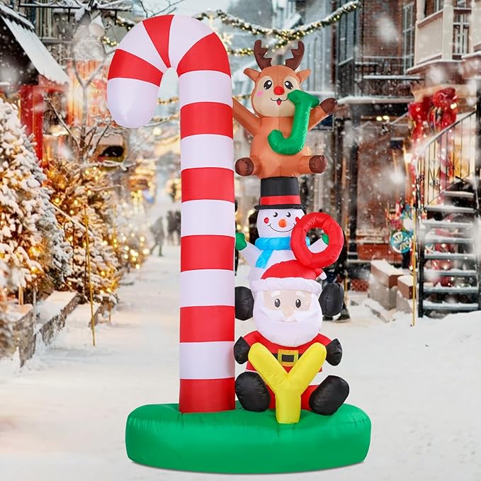 Christmas Inflatables Christmas Blow Up Yard Decorations Christmas Inflatable Candy Cane Santa Clause Snowman Reindeer Holding Joy LED Lighted Up Yard Lawn Garden Home Party Decor