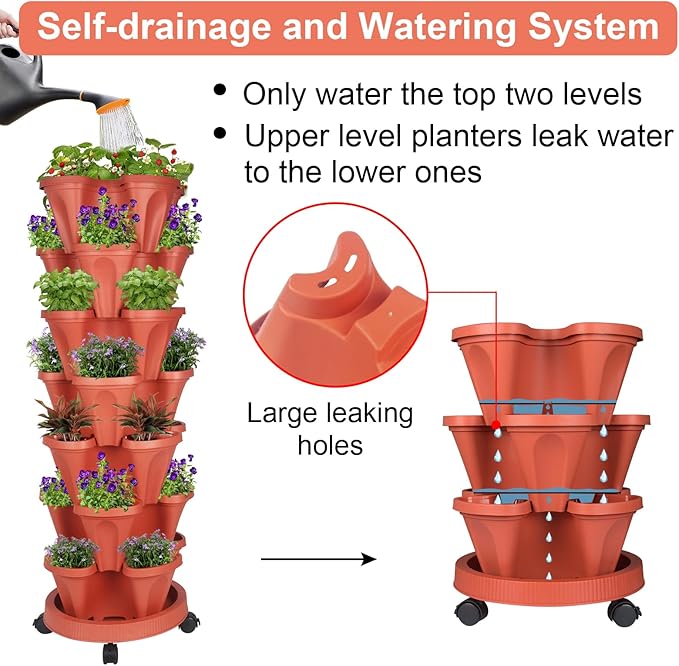 GameXcel Vertical Planter 7 Tier Stackable Planters Garden Planters Strawberry Herb Flower and Vegetable Planter Indoor Outdoor Gardening Pots with Removable Wheels and Tools