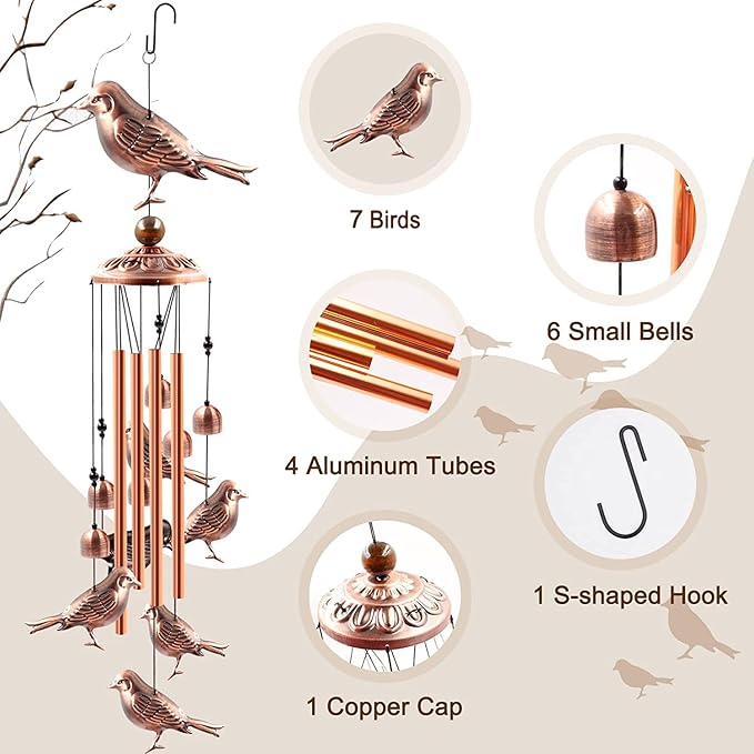 Bird Wind Chimes for Outside,33 inch Length Memorial Sparrow Wind Chime with 4 Large Aluminum Tubes & S Hook,Indoor Outdoor Decor Hanging Wind Catcher Bell for Home,Garden,Patio,Backyard,Porch