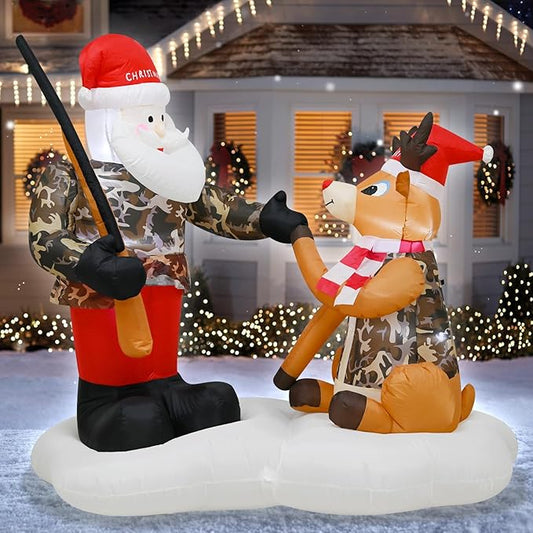 TRMESIA 6FT Christmas Inflatable Camouflage Santa with a Gun and Camouflage Deer Decoration with LED Lights,Blow up for Indoor Outdoor Lawn Garden Front Yard Holiday Display