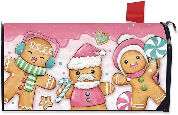 Pink Christmas Mailbox Cover Magnetic Standard Size 20.5" x 18", Xmas Gingerbread Man Peppermint Candy Decorative Post Letter Box Wrap Decor, Winter Holiday Garden Yard Outdoor Decoration