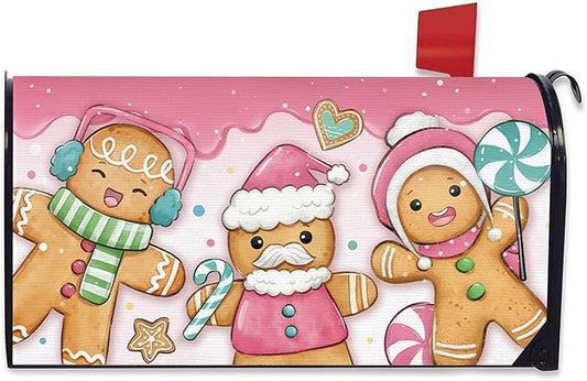 Pink Christmas Mailbox Cover Magnetic Standard Size 20.5" x 18", Xmas Gingerbread Man Peppermint Candy Decorative Post Letter Box Wrap Decor, Winter Holiday Garden Yard Outdoor Decoration