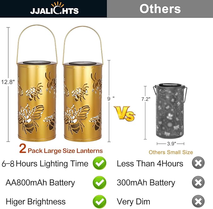 2pack Large Size Solar Laterns Outdoor Waterproof Metal Bee Patterns Garden Decor Gifts for Women Mom Grandma Hanging Solar Lights Decoration Outside for Yard, Patio, Backyard, Porch