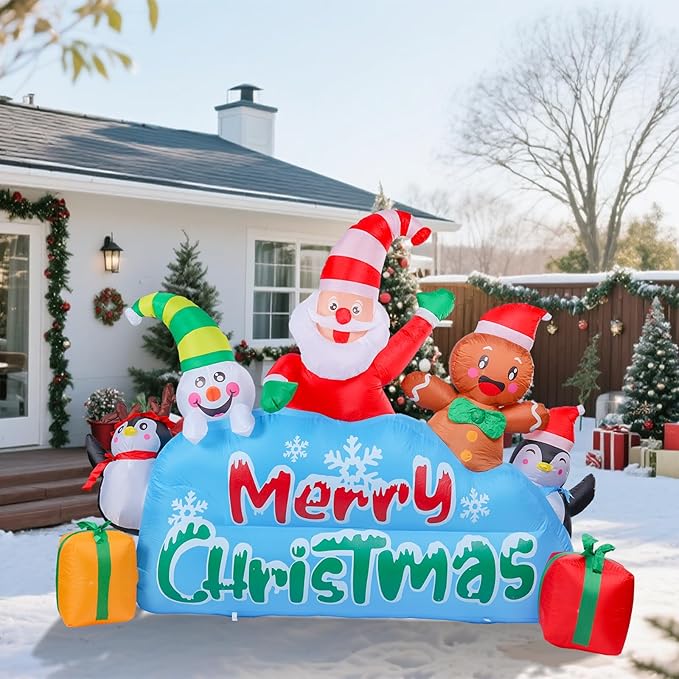 VCUTEKA Christmas Inflatables Outdoor Decorations, 8.6FT Blow Up Santa Claus, Penguins, Snowman, Gingerbread Man, Animated Christmas Inflatable Yard Decoration with LED Lights for Holiday Lawn Garden