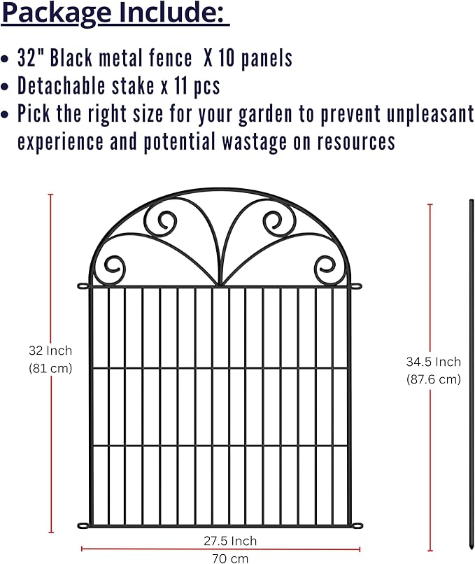 ShopLaLa Outdoor Garden Fence (10 Panels) 28in(L) x 32in(H) Animal Barrier Fencing Rustproof Black Metal Wire Flower Edging for Yard Landscape, Small Dog Decorative Fences No Dig Porch Decor D-YB32