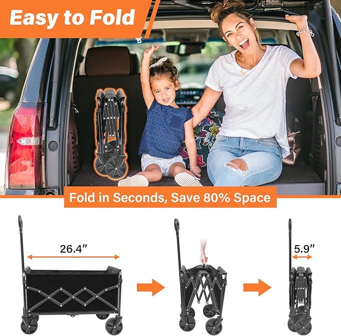 Wagons Carts Foldable Collapsible Wagon — Multi-Use Folding Utility Wagon Cart Portable for Groceries,Apartment Living,Sports,Park&Storage|Collapsible Wagon with Wheels for Yard Work,Shopping,Black