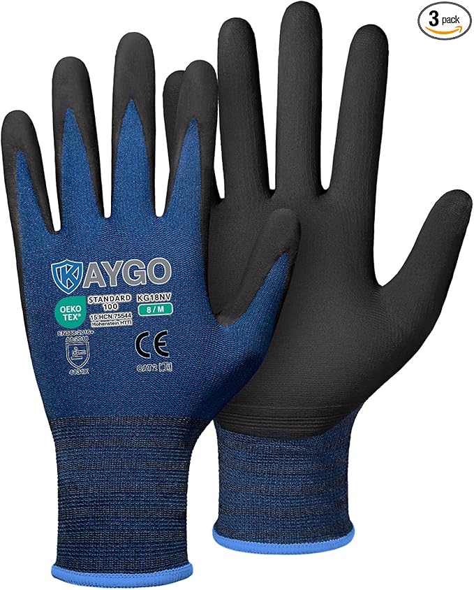 KAYGO Safety Work Gloves MicroFoam Nitrile Coated, 3 Pairs KG18NB,Seamless Knit Nylon Glove for Men and Women, Ideal for Automotive,Warehouse,Construction (M, Dark Blue)