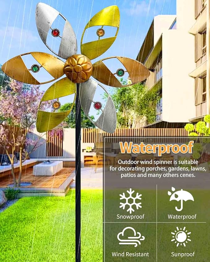 Wind Spinners Outdoor Metal, 10.63" W*37" H Pinwheels for Yard and Garden Decor, Kinetic Wind Sculpture Spinner (Gold Ornate Crystal Bead)
