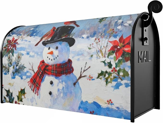 Winter Christmas Mailbox Covers Magnetic Standard Size Snowman Cardinal Bird Floral Snow Scene Xmas Holiday Outdoor Decorative Seasonal Letter Box Cases for Home Garden Outside Decor, 21x18 Inch
