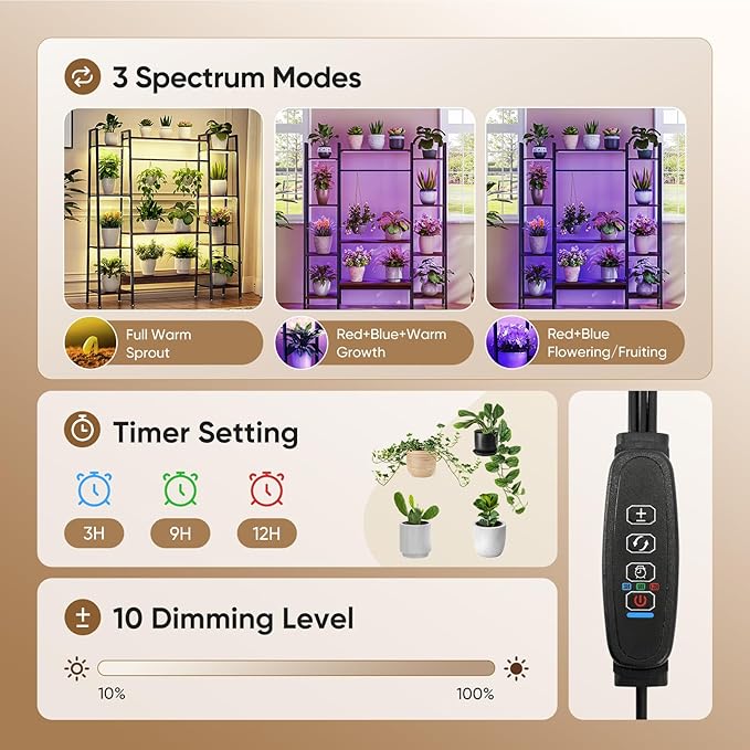 55" Large Plant Stand Indoor with 8 LED Grow Lights (3 Modes & Auto Timer) - 12 Tiered Metal Plant Shelf, 10 Dimmable Brightness Levels, Flower Stand Display Rack